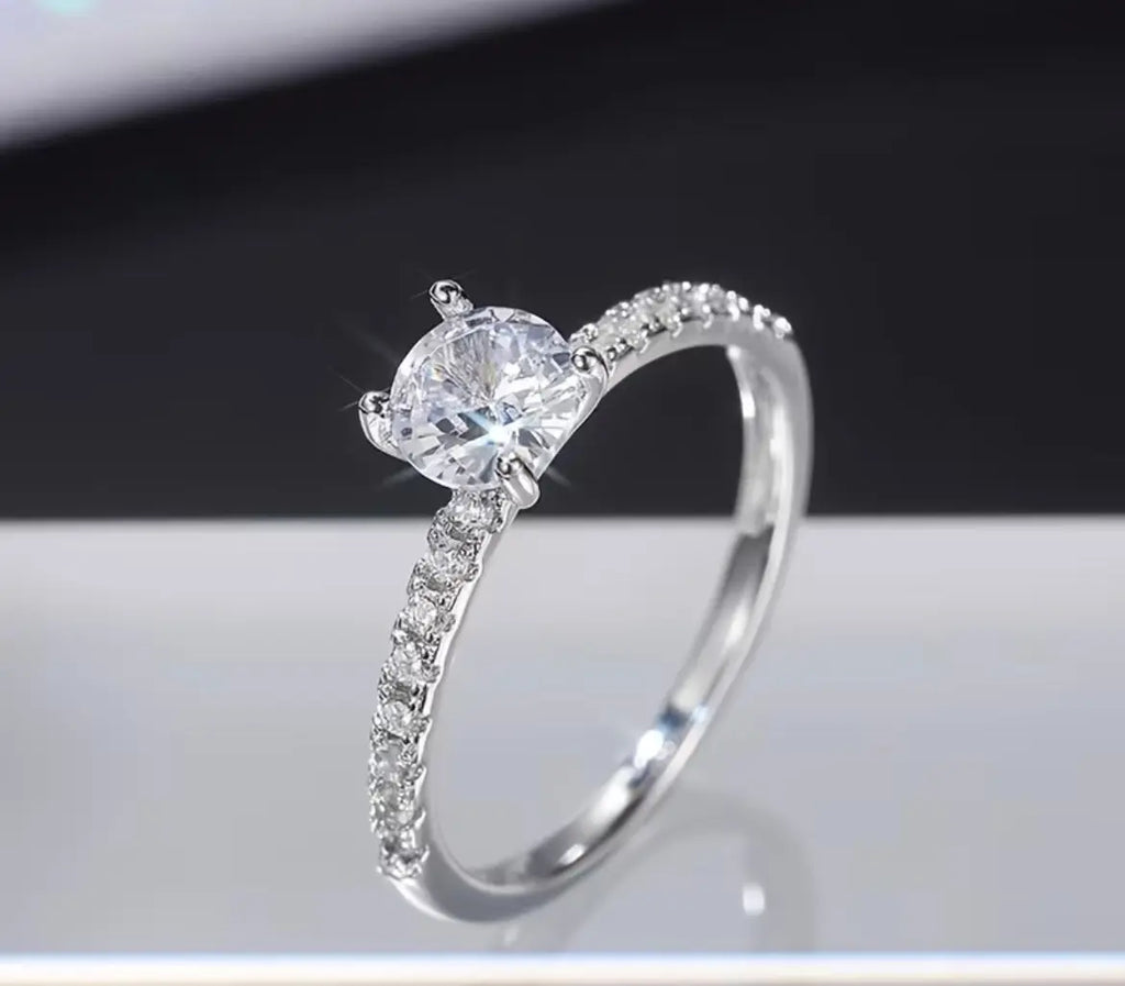 Brilliant-Cut Silver Engagement Ring, Polished Band My Store