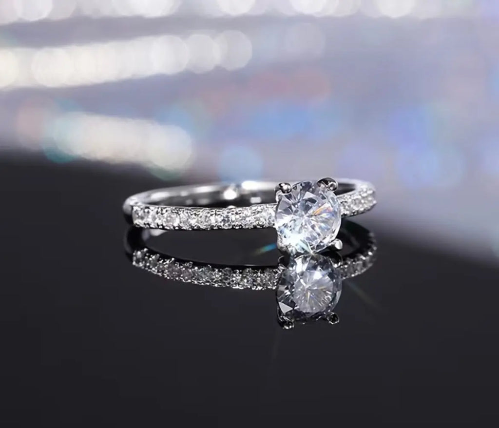 Brilliant-Cut Silver Engagement Ring, Polished Band My Store